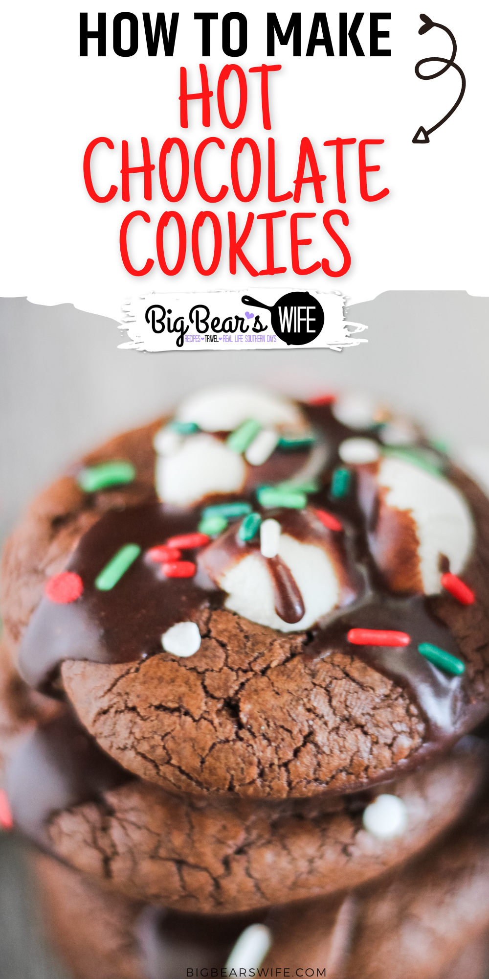  Hot Chocolate Cookies -- Hot Chocolate Cookies are so popular in our family that I end up making dozens and dozens for family members during the holidays! They're rich chocolate cookies with melted marshmallows stacked on top with a chocolate glaze drizzle and sprinkles to finish them off.   via @bigbearswife