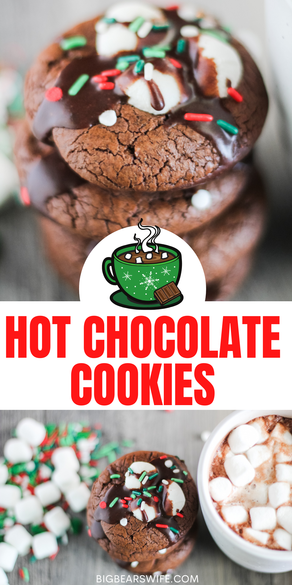 Hot Chocolate Cookies are so popular in our family that I end up making dozens and dozens for family members during the holidays! They’re rich chocolate cookies with melted marshmallows stacked on top with a chocolate glaze drizzle and sprinkles to finish them off.  
 via @bigbearswife