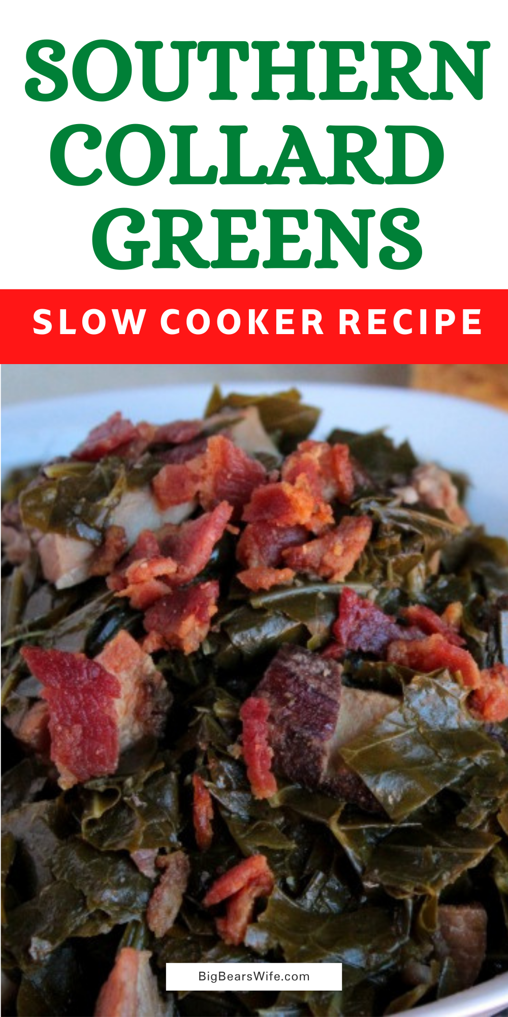 Make the best Collard Greens that you've ever had by slowly cooking them southern style! Southern Slow Cooked Collard Greens are full of amazing flavors!
This recipe for Southern Slow Cooked Collard Greens is one of our favorites to make for New Years Eve! We also love to make Southern Slow Cooked Collard Greens to serve with brisket, BBQ Chicken and BBQ Ribs!  via @bigbearswife