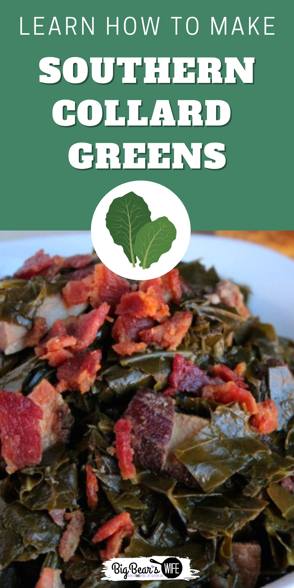 Make the best Collard Greens that you've ever had by slowly cooking them southern style! Southern Slow Cooked Collard Greens are full of amazing flavors!
This recipe for Southern Slow Cooked Collard Greens is one of our favorites to make for New Years Eve! We also love to make Southern Slow Cooked Collard Greens to serve with brisket, BBQ Chicken and BBQ Ribs!  via @bigbearswife