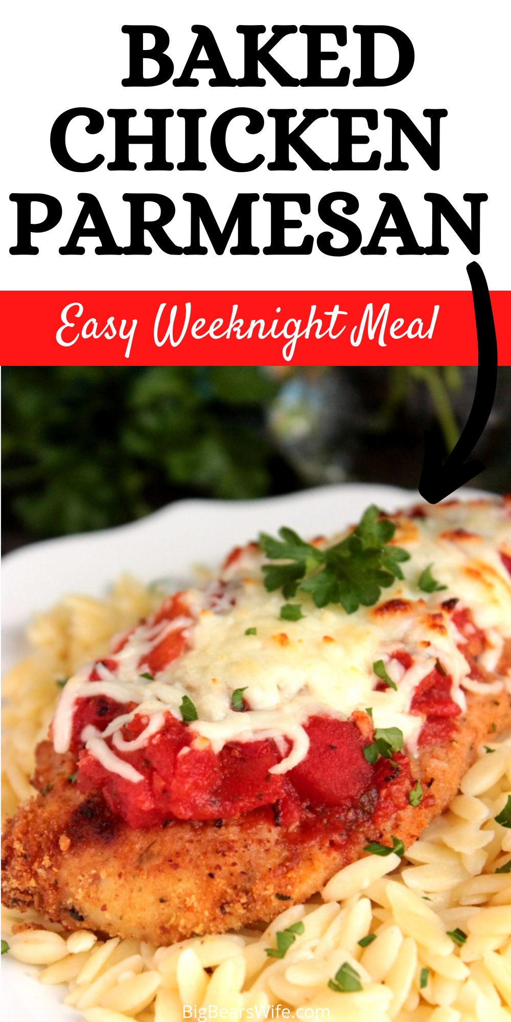 This Easy Weeknight Baked Chicken Parmesan is the kind of dinner recipe that you're going to want to have in your back pocket for weeknights that require minimal energy and dinner on the table at a reasonable hour. via @bigbearswife
