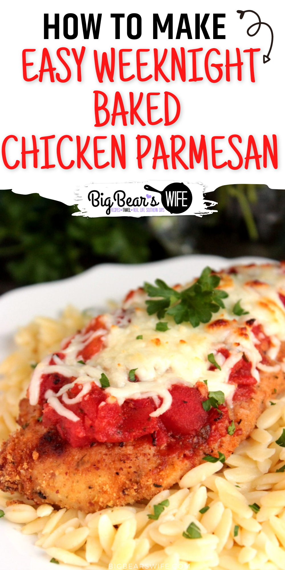 This Easy Weeknight Baked Chicken Parmesan is the kind of dinner recipe that you're going to want to have in your back pocket for weeknights that require minimal energy and dinner on the table at a reasonable hour. via @bigbearswife