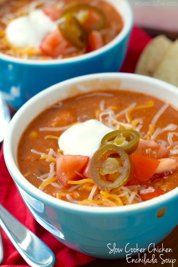 Slow Cooker Chicken Enchilada Soup {Wine and Glue}