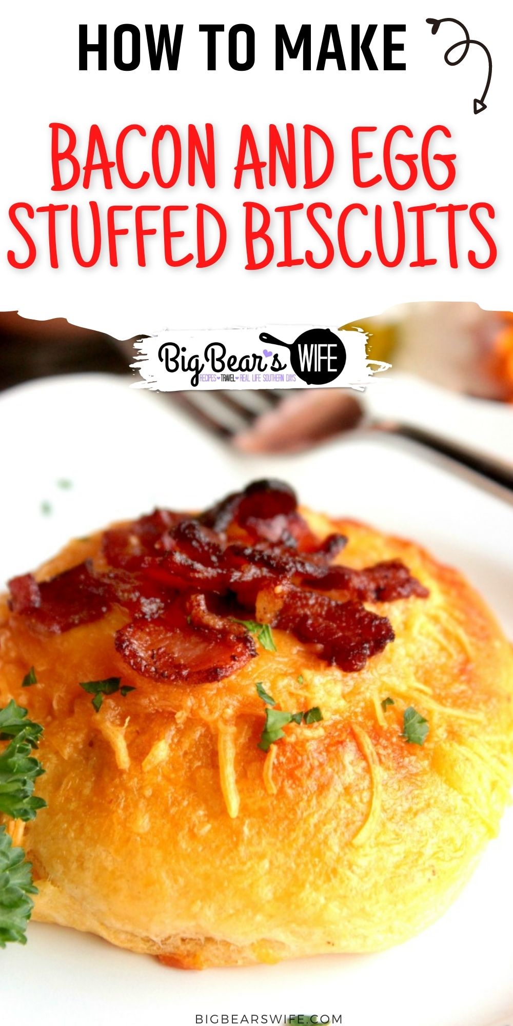 Bacon and Egg Stuffed Biscuits are easy breakfast biscuits stuffed with scrambled eggs, cheddar cheese and crispy bacon. via @bigbearswife