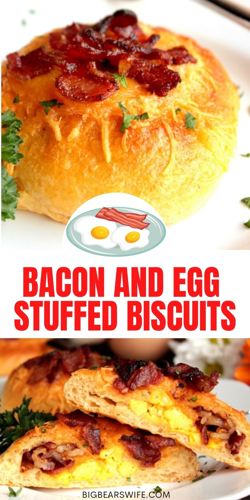 Bacon and Egg Stuffed Biscuits are easy breakfast biscuits stuffed with scrambled eggs, cheddar cheese and crispy bacon. via @bigbearswife