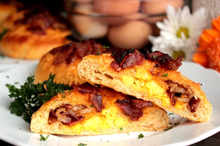 Bacon and Egg Stuffed Biscuit Sliced Open showing egg and cheese inside