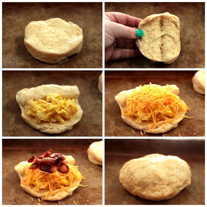  Step by step photos of stuffing cheese and bacon into biscuits