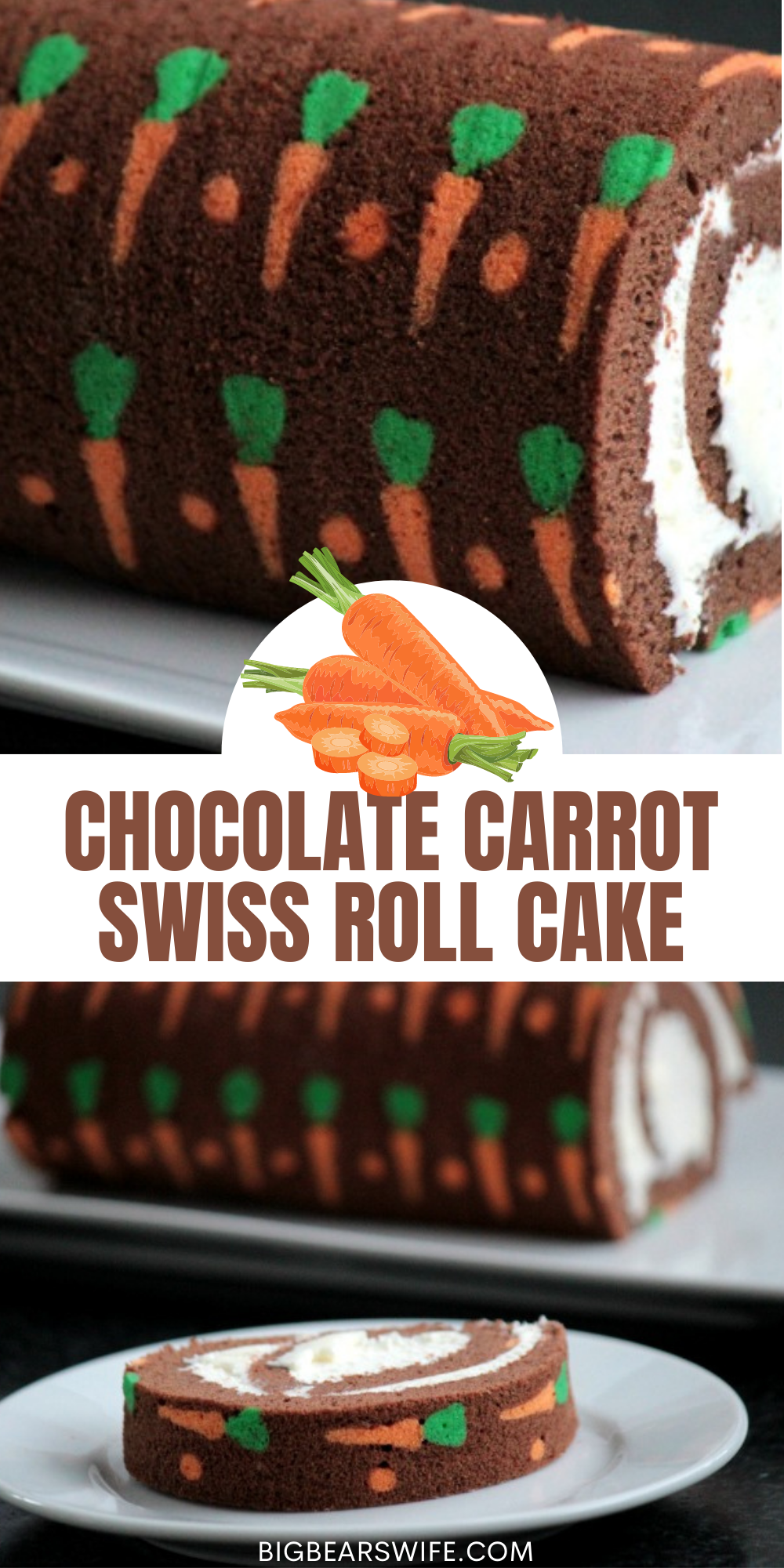This Chocolate Carrot Swiss Roll Cake is a chocolate sponge cake with super cute mini cake carrots baked right in! Then this “carrot” cake is filled with a cream cheese frosting and rolled up into a giant swiss roll cake!
 via @bigbearswife