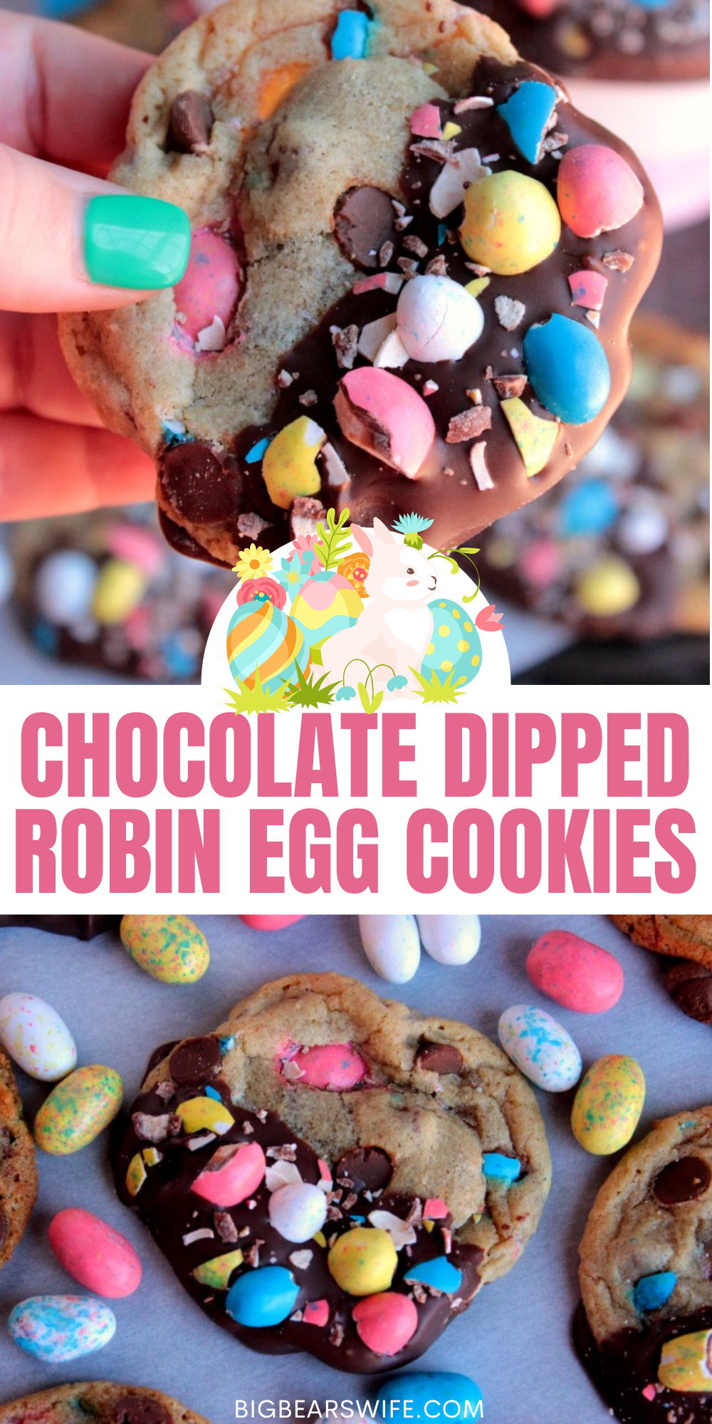 Soft and chewy cookies that are filled with chocolate chips and crushed whopper mini robin eggs, dipped in chocolate and sprinkled with more chopped mini robin eggs.

 via @bigbearswife