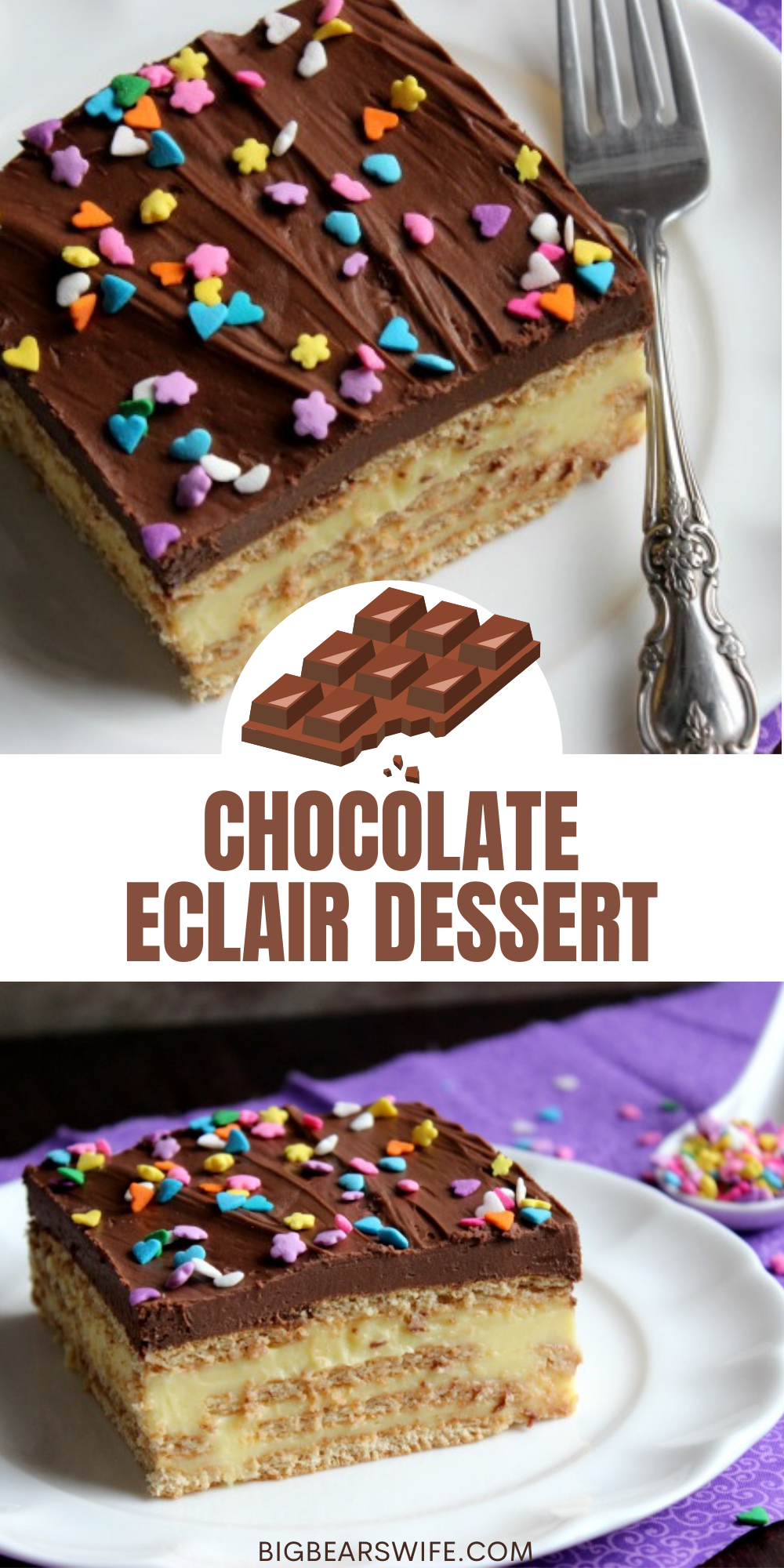 This Chocolate Eclair Dessert is an amazing no bake dessert is a southern favorite! Layers if pudding, graham crackers and chocolate frosting come together for a dessert that you’re sure to love!
 via @bigbearswife