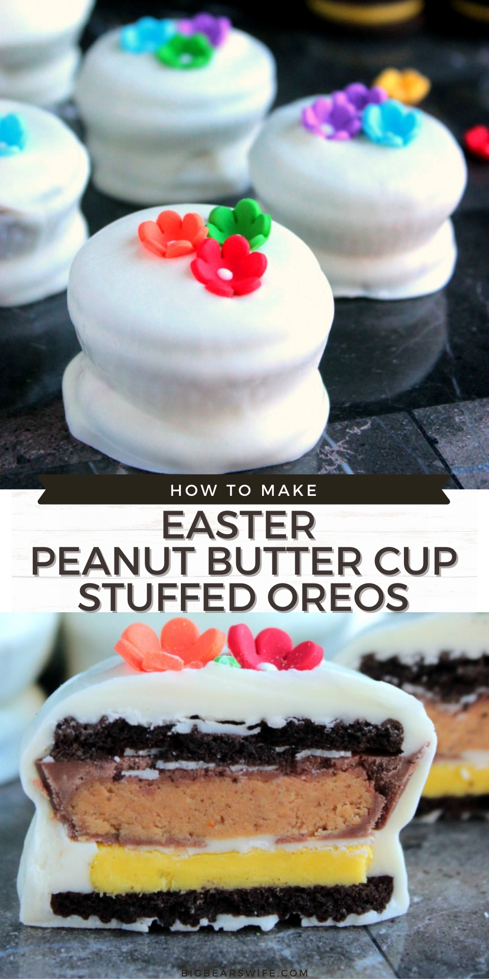 Springtime Easter Reese Stuffed Oreos have the sweetness from the chocolate, the crunch from the cookie and a creaminess from the peanut butter! Topped with little sugar flowers, they're just perfect for Easter and Spring! via @bigbearswife