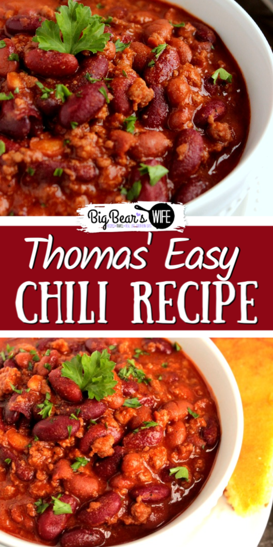 This is our favorite chili recipe and it's so easy to make! Thomas' Easy Chili Recipe is full of flavor and goes perfectly with a side of homemade cornbread!  via @bigbearswife