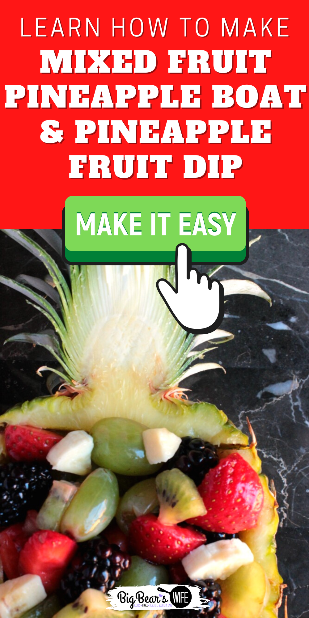 Mixed fruit served in a fresh pineapple with an easy to whip up pineapple marshmallow dip! A Mixed Fruit Pineapple Boat is great for parties! via @bigbearswife