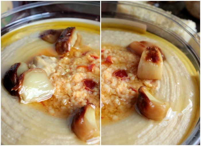 Garlic Crouton Sticks and Roasted Garlic Hummus Toppings
