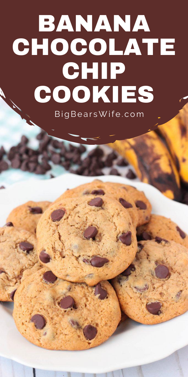  Banana Chocolate Chip Cookies - Banana and Chocolate go hand in hand in desserts like these Banana Chocolate Chip Cookies! These cookies are doubled up on the banana flavor with mashed banana and banana extract added into the batter. They're also super soft and packed with chocolate chips. via @bigbearswife