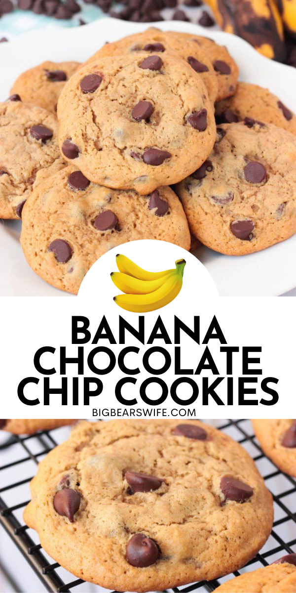  Banana Chocolate Chip Cookies - Banana and Chocolate go hand in hand in desserts like these Banana Chocolate Chip Cookies! These cookies are doubled up on the banana flavor with mashed banana and banana extract added into the batter. They're also super soft and packed with chocolate chips. via @bigbearswife