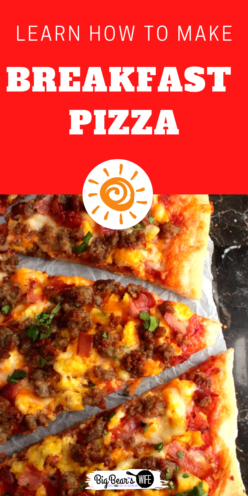 Everything you love about breakfast on a Breakfast Pizza! This Breakfast Pizza had scrambled Eggs, Sausage, Bacon & cheese! Great with a dash of hot sauce! via @bigbearswife