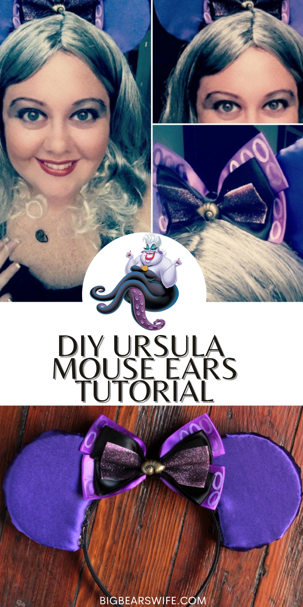  Want to make your very own Ursula Mouse Ears for your trip to Disney? I've got the step by step photo tutorial to show you how it's done! Don't want to make Ursula Mouse Ears? Just follow this tutorial and swap out the fabric and bows for any type of mouse ears! via @bigbearswife