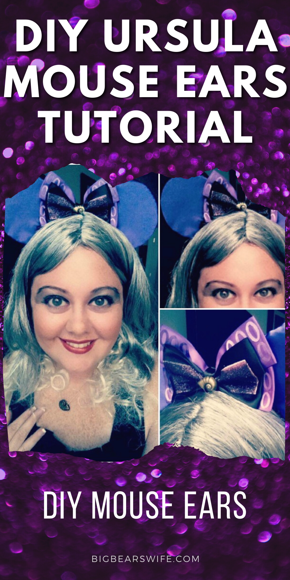  Want to make your very own Ursula Mouse Ears for your trip to Disney? I've got the step by step photo tutorial to show you how it's done! Don't want to make Ursula Mouse Ears? Just follow this tutorial and swap out the fabric and bows for any type of mouse ears! via @bigbearswife