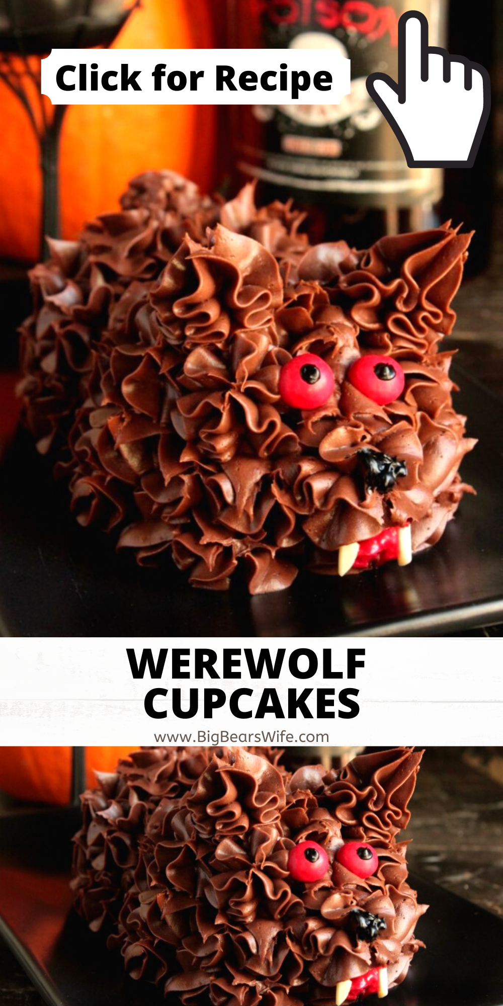 Cupcakes and Werewolf go hand and hand for Halloween! We're taking two cupcakes and turning them into this cute little Werewolf Cupcakes! via @bigbearswife