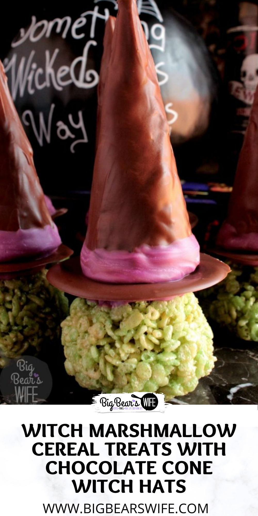 Ready for a spooky treat that's sweet to eat? These Witch Marshmallow Cereal Treats with Chocolate Cone Witch Hats have Halloween written all over them! Enjoy them at home or give them out as treats! via @bigbearswife