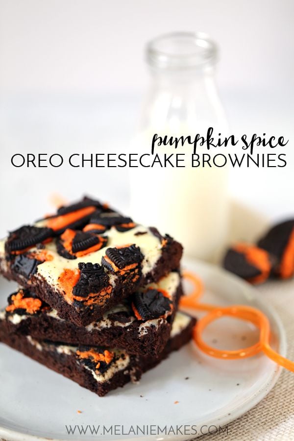 Brownie batter is spiked with pumpkin spice extract before being dolloped with cheesecake filling and sprinkled with crumbled Oreos. These Pumpkin Spice Oreo Cheesecake Brownies are a decadent chocolate treat with the warmth of autumn spices. So easy and so delicious!