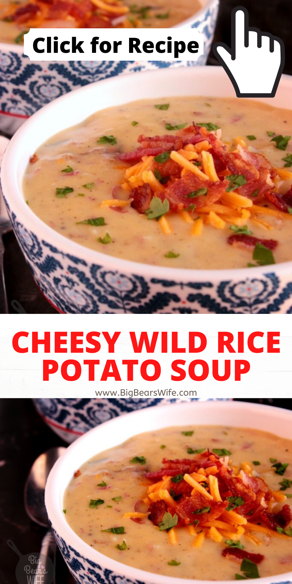 This Cheesy Wild Rice Potato Soup is full of cheddar cheese, crispy bacon, wild rice with a homemade red skin potato soup base! via @bigbearswife