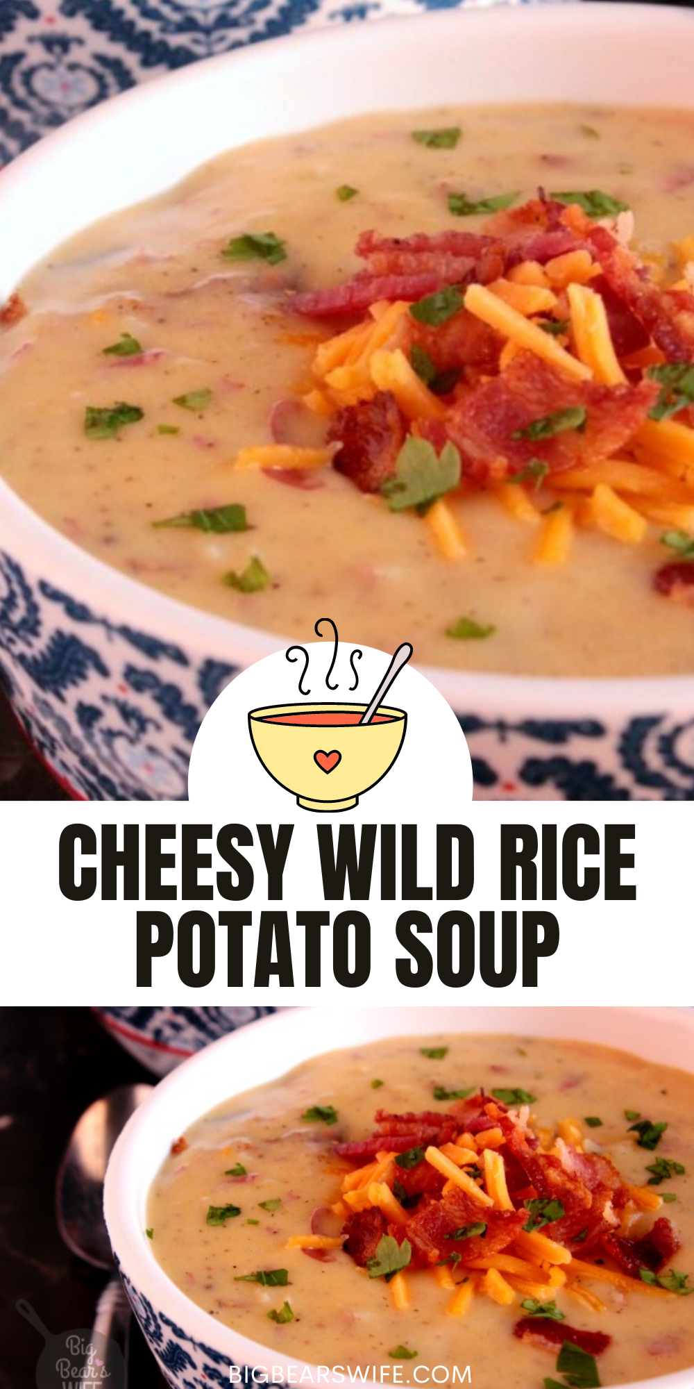 This Cheesy Wild Rice Potato Soup is full of cheddar cheese, crispy bacon, wild rice with a homemade red skin potato soup base! via @bigbearswife