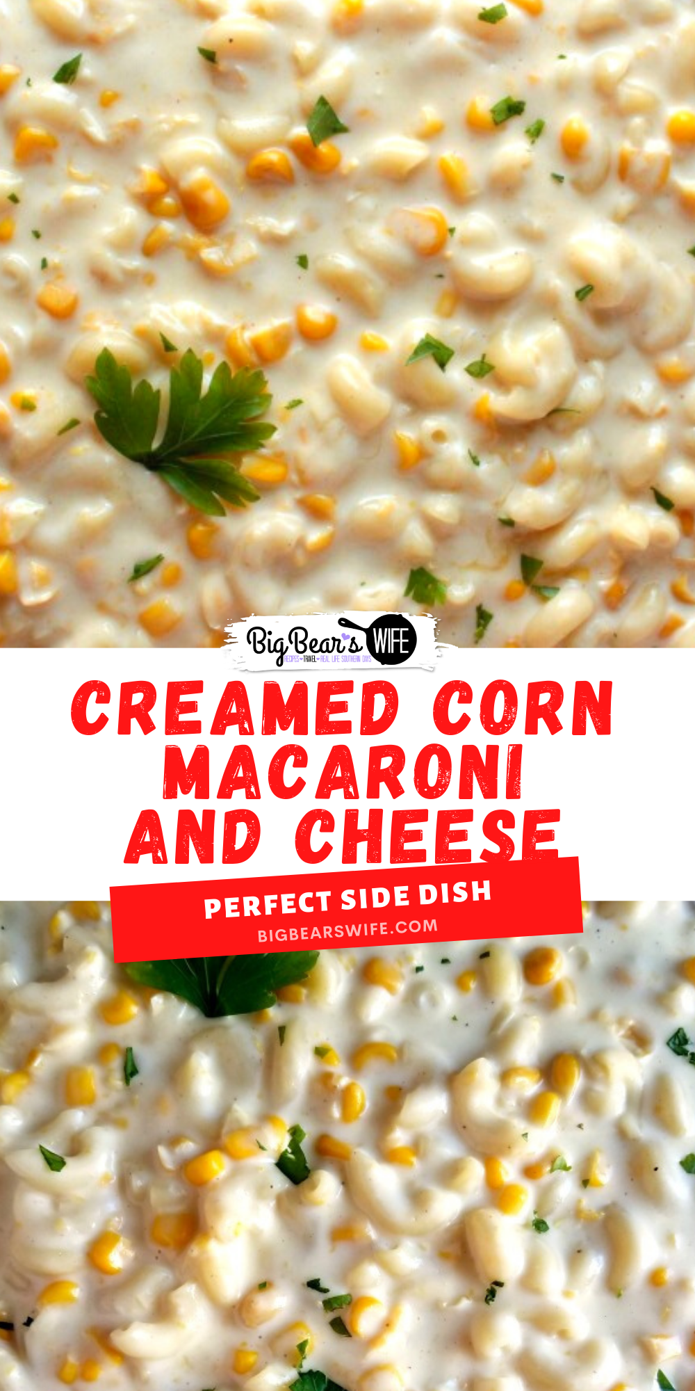 Heavenly white cheddar mac and cheese and tasty creamed corn come together perfectly in this easy to whip up Creamed Corn Macaroni and Cheese! via @bigbearswife