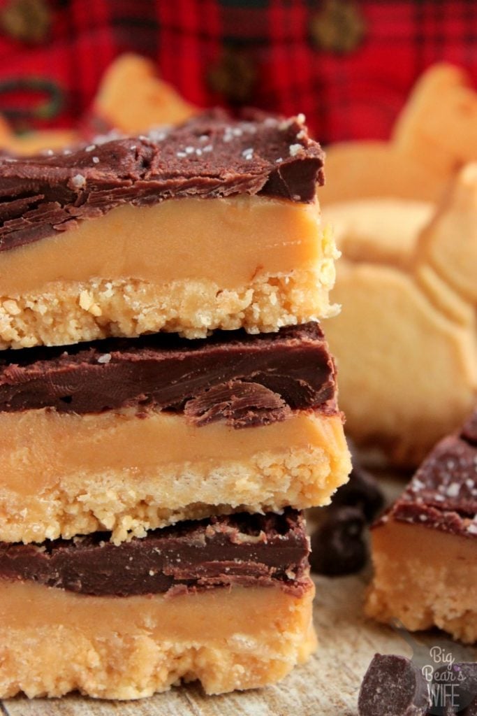 No Bake Shortbread Millionaire Bars- Shortbread cookies, homemade caramel and melted chocolate are layered together to create these perfect No Bake Shortbread Millionaire Bars!
