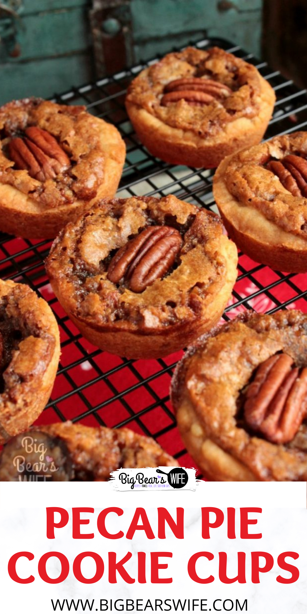 These Pecan Pie Cookie Cups have a sweet pecan pie filling baked inside of a sugar cookie crust to create the perfect mini pecan pie dessert for your next holiday party! via @bigbearswife
