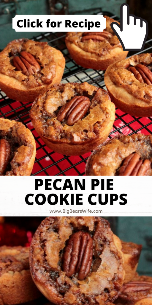 These Pecan Pie Cookie Cups have a sweet pecan pie filling baked inside of a sugar cookie crust to create the perfect mini pecan pie dessert for your next holiday party!
