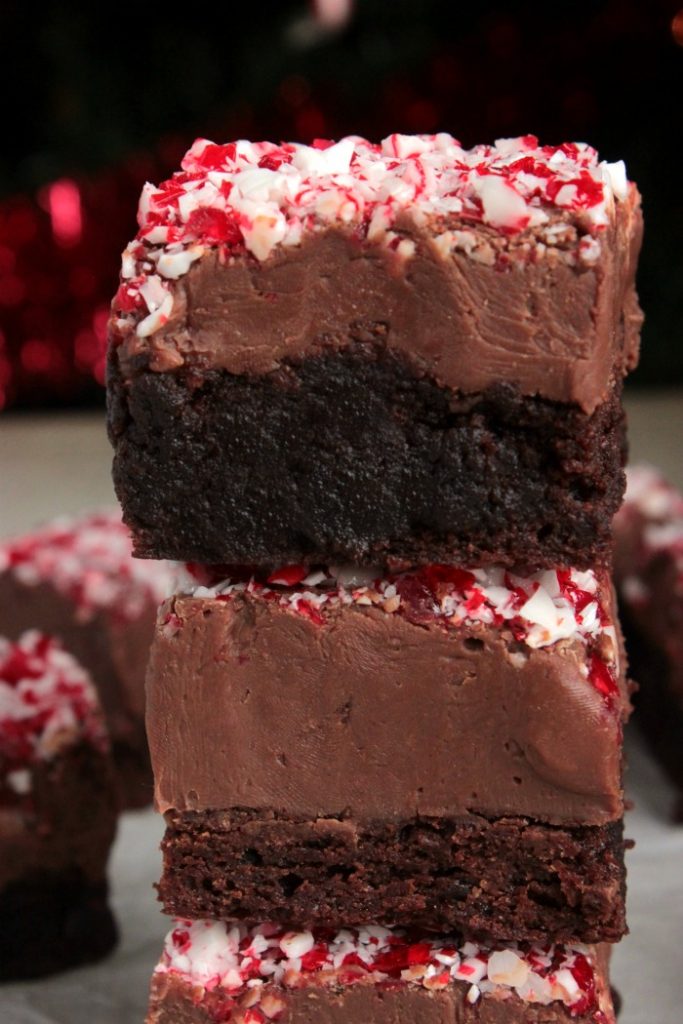 Peppermint Fudge Topped Brownies - Chocolate Fudge Brownies topped with a thick layer of fudge with a layer of crushed peppermint candy canes sprinkled on top. - I love making these for gifts and Holiday parties!