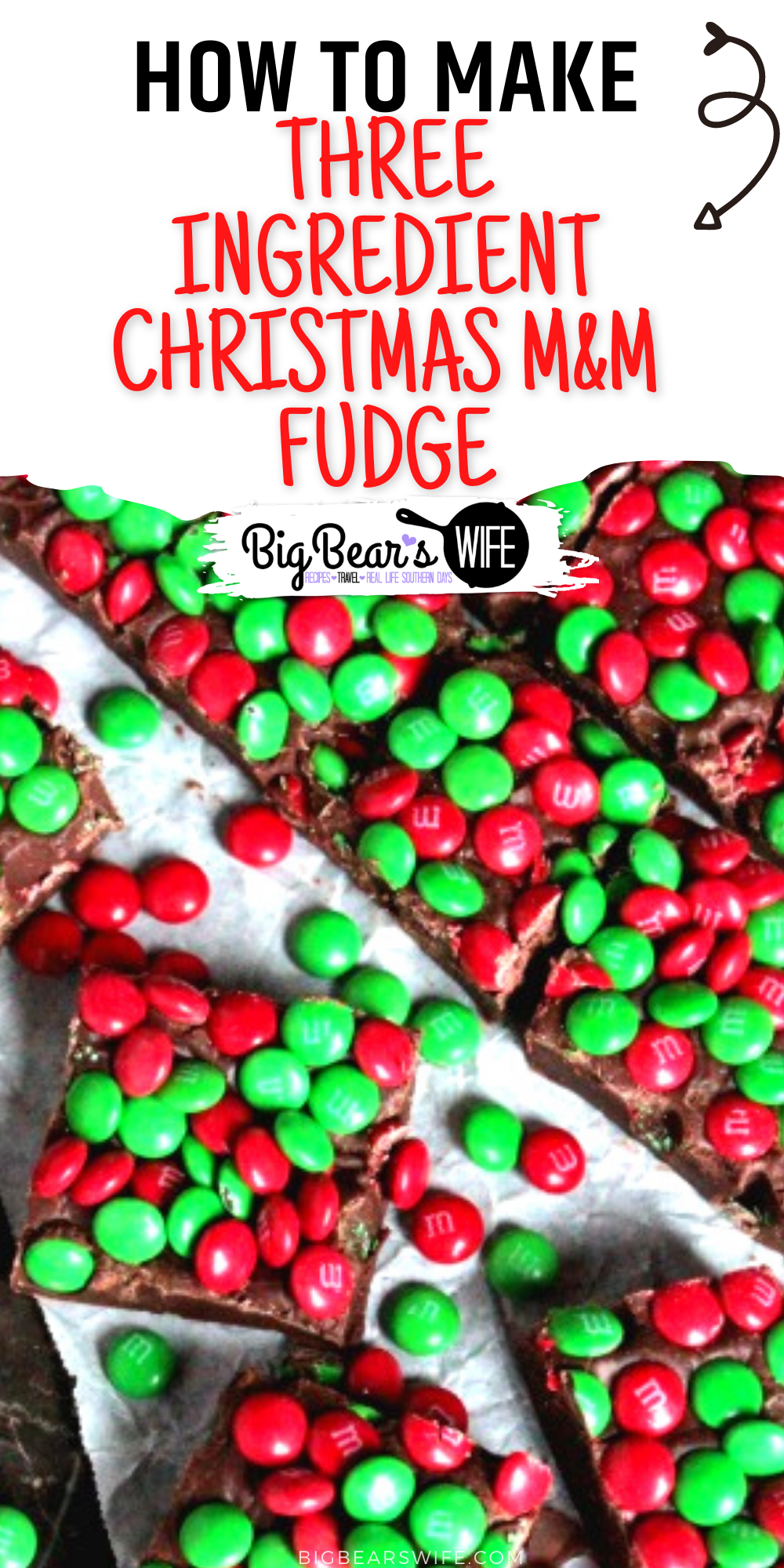 Pack up a few trays of this Three Ingredient Christmas M&M Fudge into cute little Christmas tins and hand them out to friends and family this holiday season! This fudge is so simple to make that you'll want to make it for every holiday! via @bigbearswife