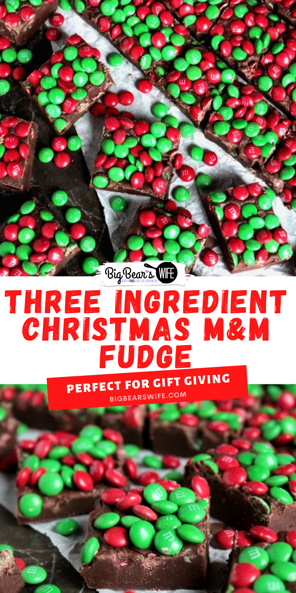 Pack up a few trays of this Three Ingredient Christmas M&M Fudge into cute little Christmas tins and hand them out to friends and family this holiday season! This fudge is so simple to make that you'll want to make it for every holiday! via @bigbearswife