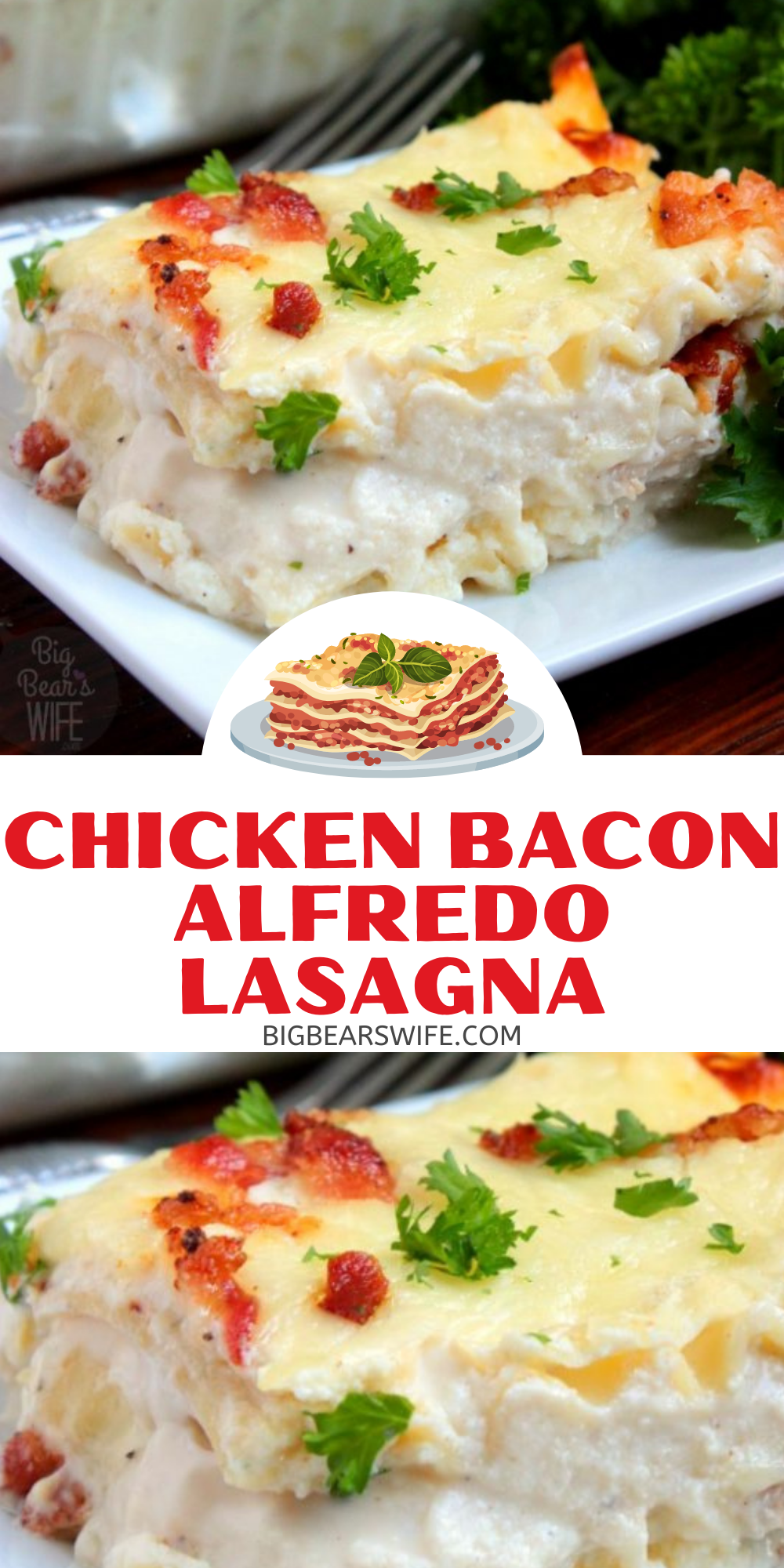 A new take on homemade Lasagna! Chicken Bacon Alfredo Lasagna is layered with seasoned chicken, bacon, Alfredo, Mozzarella cheese and lasagna noodles. via @bigbearswife