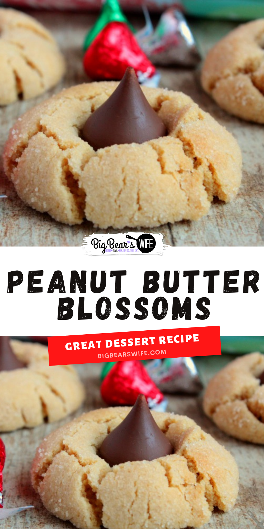 Peanut Butter Blossoms - Chocolate Kiss Peanut Butter Cookies- Sweet Peanut Butter cookies rolled in sugar and then baked to perfection! As soon as they come out of the oven, press a chocolate kiss down into the center to make the best Peanut Butter Blossoms! via @bigbearswife