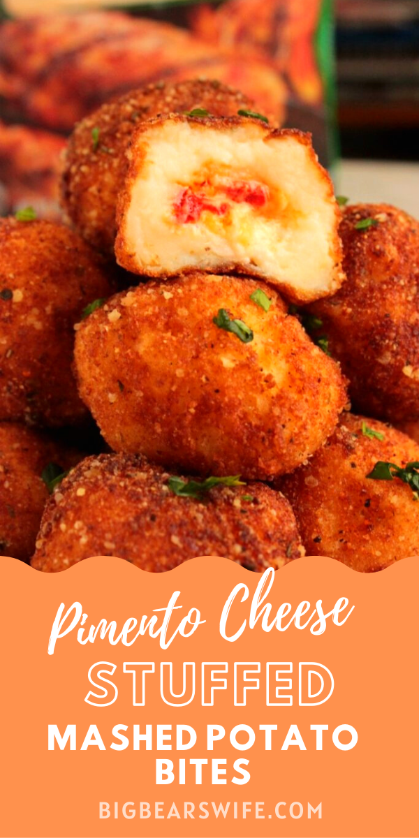 Pimento Cheese Stuffed Fried Mashed Potato Bites - A super tasty appetizer of mashed potatoes stuffed with homemade pimento cheese and then fried to a golden perfection!  via @bigbearswife