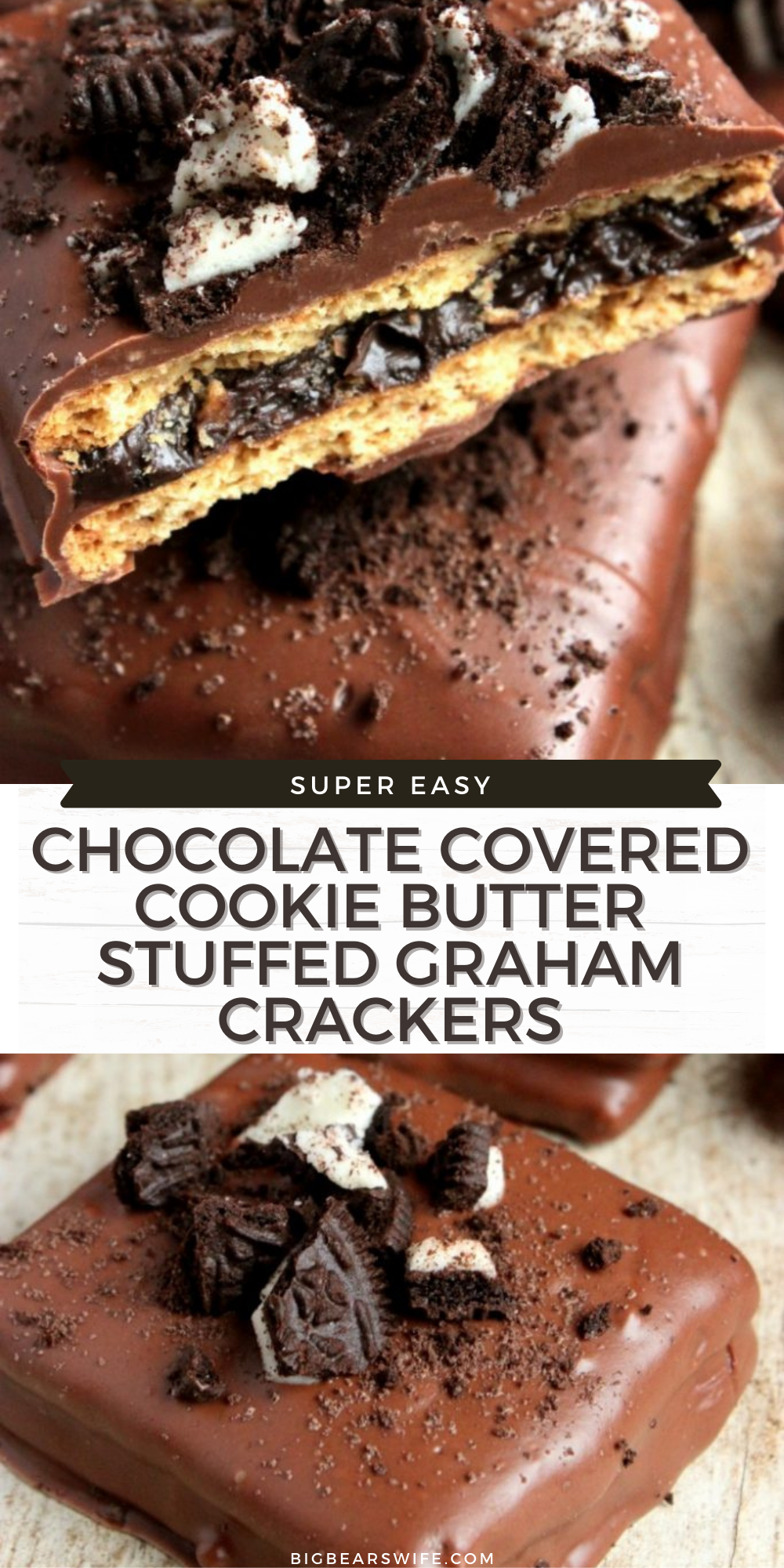 Chocolate Covered Cookie Butter Stuffed Graham Crackers - Chocolate Covered Graham Cracker Sandwiches that are graham crackers stuffed with a nice layer of cookie butter and topped with crushed Oreo cookies! A perfect chocolate treat for the chocolate and cookie butter lover in your life! via @bigbearswife