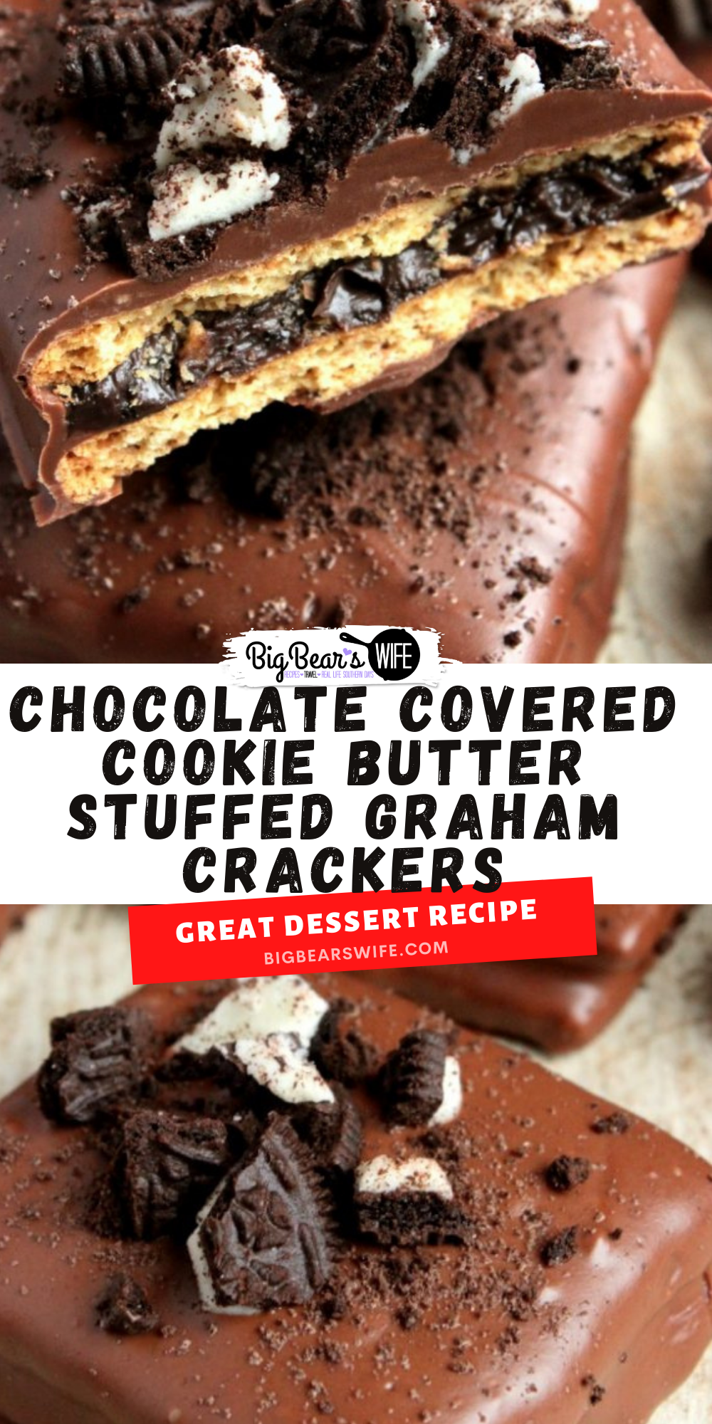 Chocolate Covered Cookie Butter Stuffed Graham Crackers - Chocolate Covered Graham Cracker Sandwiches that are graham crackers stuffed with a nice layer of cookie butter and topped with crushed Oreo cookies! A perfect chocolate treat for the chocolate and cookie butter lover in your life! via @bigbearswife