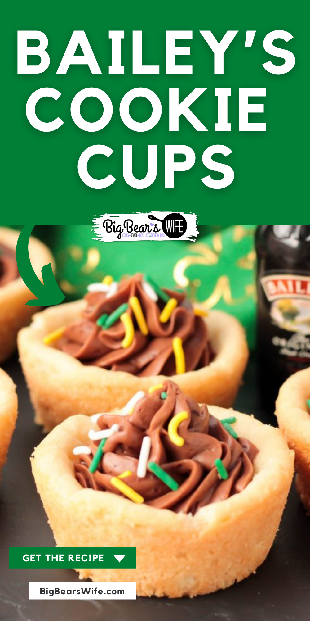 My Bailey’s Cookie Cups are made with homemade sugar cookie dough and a sweet Bailey’s Irish Cream chocolate frosting filling! Add a little something extra and decorate them with green, white and yellow sprinkles!

 via @bigbearswife