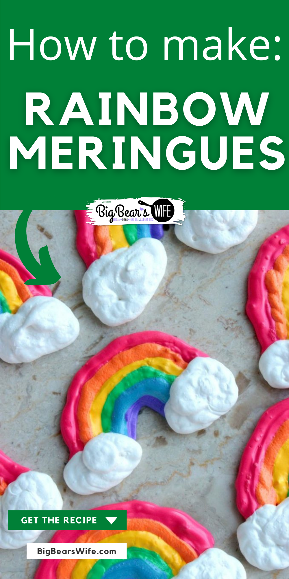 These Rainbow Meringues are light airy, crispy rainbow shaped cookies that are perfect for this weekend's St. Patrick's Day celebrations! via @bigbearswife