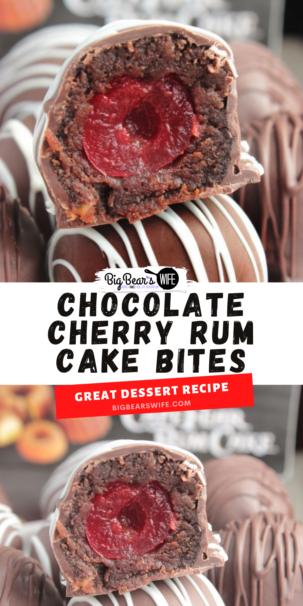 Chocolate Cherry Rum Cake Bites - Perfect little Chocolate Cherry Rum Cake Bites are sweet chocolate cherry bites made with Cape Fear Rum Cake Cherry Chocolate Rum Cake, stuffed with a cherry and dipped in melted chocolate! via @bigbearswife