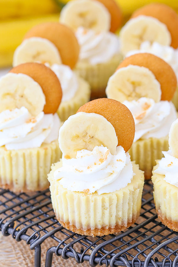 Mini Banana Pudding Cheesecakes - vanilla wafer crust, banana filling and whipped cream!