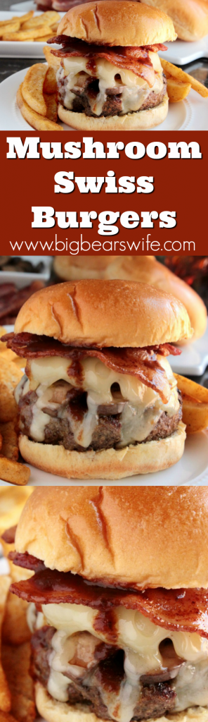 These Mushroom Swiss Burgers are half pound Sirloin burgers, topped with melted aged Swiss cheese, thick cut crispy bacon and butter sauteed mushrooms on a soft Brioche bun with A1 Sauce!