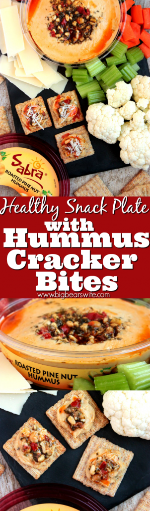 I'm in love with healthy fruit and veggie trays lately! I'm also loving these perfect sized hummus cracker bites! Take a look at how I put it all together! I made these with the Sabra Roasted Pine Nut Hummus and they are so good!  Healthy Snack Plate with Hummus Cracker Bites