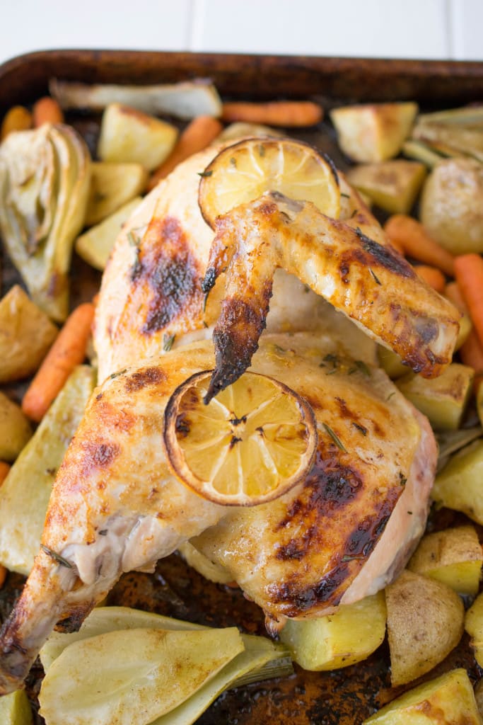 Sheet pan roast chicken & vegetables. Perfect for a busy weeknight or comforting Sunday dinner. Everything cooks in one sheet pan.