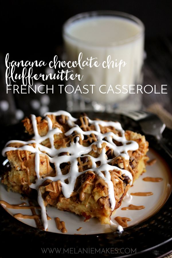 This make ahead Banana Chocolate Chip Fluffernutter French Toast Casserole is the perfect dish to serve your holiday guests for breakfast or brunch. Bananas, chocolate chips, peanut butter and marshmallows are tucked into the nooks and crevices of custard soaked bread before being baked to golden goodness. 