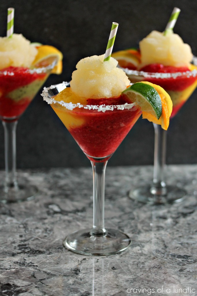 Frozen Bahamarita- This Frozen Margarita recipe is sure to be a hit at your next party. It's made with Tequila, kiwi, strawberry and mango ices and served with a shot of Cactus Juice Schnapps. There is also a recipe for a virgin version! #VivaLaRita #ad