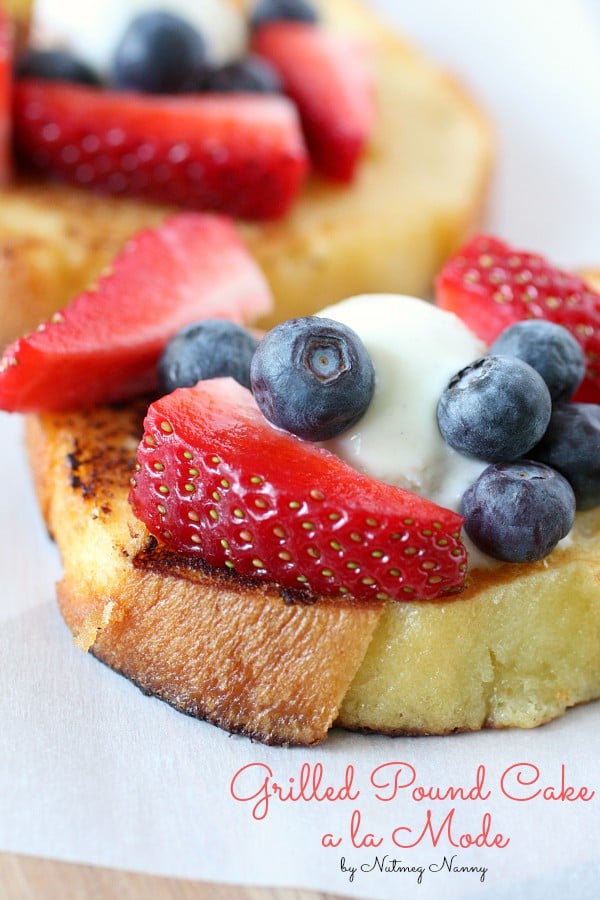 This grilled pound cake a la mode is perfect for brunch or dessert. Buttery pound cake grilled till crispy perfection and topped with fresh summer berries and vanilla ice cream. What is not to love about this dish?